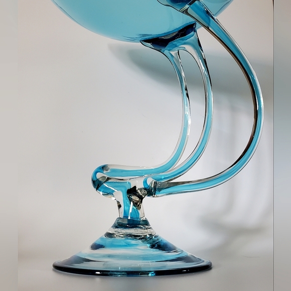 10 3/4" Tall Large Handcrafted Blown Art Glass Aqua Blue Jelly Fish🎐 Bowl 🇵🇱 - Picture 4 of 13